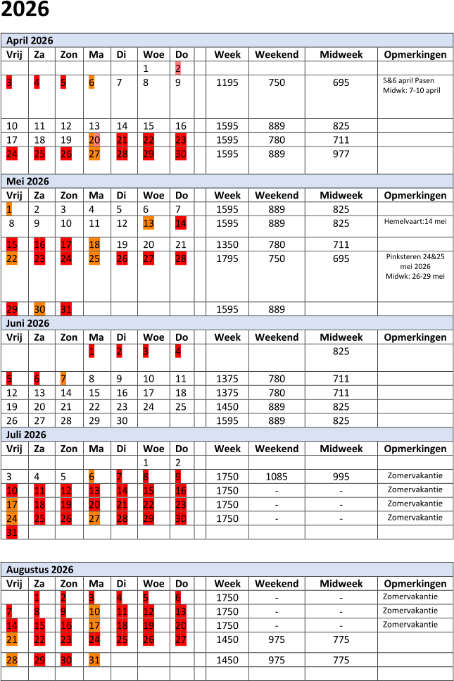 202 6 April 202 6   Vrij   Za   Zon   Ma   Di   Woe   Do     Week   Weekend   Midweek   Opmerkingen             1   2               3   4   5   6   7   8   9     1 1 95   750   695   5&6 april Pasen     Midwk:  7 - 10 april       1 0   1 1   1 2   1 3   1 4   1 5   1 6     1595   889   825     1 7   1 8   19   2 0   2 1   2 2   2 3     1595   780   711     2 4   2 5   2 6   2 7   2 8   29   30     1 595   8 89   977       Mei 202 6   Vrij   Za   Zon   Ma   Di   Woe   Do     Week   Weekend   Midweek   Opmerkingen   1   2   3   4   5   6   7     1595   889   825       8   9   10   11   12   13   14     1 5 95   889   825   Hemelvaart : 14 mei     15   1 6   1 7   1 8   1 9   20   21     1 350   7 8 0   711     22   23   24   25   2 6   2 7   2 8     1 795   750   695   Pinksteren 24&25  mei 2026   M idw k: 26 - 29 mei       2 9   30   31             1 5 95   889         Juni 202 6   Vrij   Za   Zon   Ma   Di   Woe   Do     Week   Weekend   Midweek   Opmerkingen           1   2   3   4         825       5   6   7   8   9   1 0   1 1     1 375   780   711       1 2   1 3   1 4   1 5   1 6   1 7   1 8     13 7 5   780   7 11     19   2 0   2 1   2 2   2 3   2 4   2 5     1 450   8 89   825     2 6   2 7   2 8   29   30         1 5 95   8 89   825     Juli 202 6   Vrij   Za   Zon   Ma   Di   Woe   Do     Week   Weekend   Midweek   Opmerkingen             1   2             3   4   5   6   7   8   9     1 75 0   1085   9 95   Zomervakantie   1 0   1 1   1 2   1 3   1 4   1 5   1 6     1750   -   -   Zomervakantie   1 7   1 8   19   2 0   2 1   2 2   2 3     1 750   -   -   Zomervakantie   2 4   2 5   2 6   2 7   2 8   29   3 0     1 750   -   -   Zomervakantie   31                         Augustus 202 6   Vrij   Za   Zon   Ma   Di   Woe   Do     Week   Weekend   Midweek   Opmerkingen     1   2   3   4   5   6     1 750   -   -   Zomervakantie   7   8   9   1 0   1 1   1 2   13     1 750   -   -   Zomervakantie   1 4   1 5   1 6   1 7   1 8   19   2 0     1 750   -   -   Zomervakantie   2 1   2 2   2 3   2 4   2 5   2 6   2 7     1 450   975   775     2 8   29   3 0   31           1 450   975   775